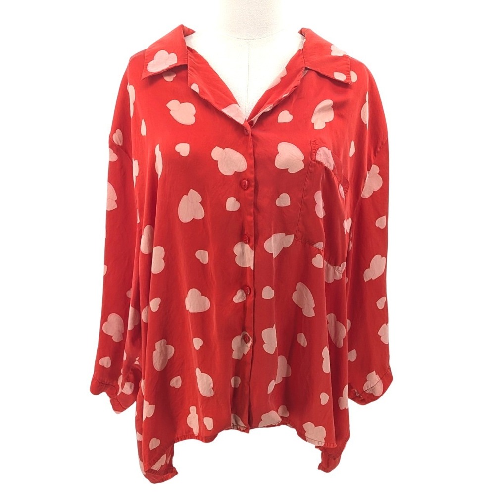 Susan Lucci Red Pink Heart Print Silk Button‎ Front Blouse 3X Romantic